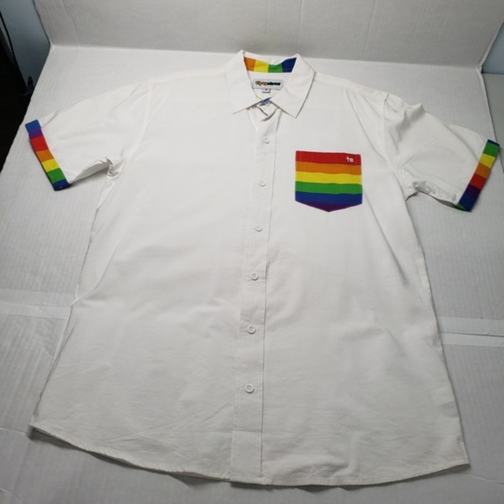 Tipsy Elves Button Down Shirt Mens Large White Rainbow PRIDE Pocket Fanny‎ Pack - Picture 12 of 16